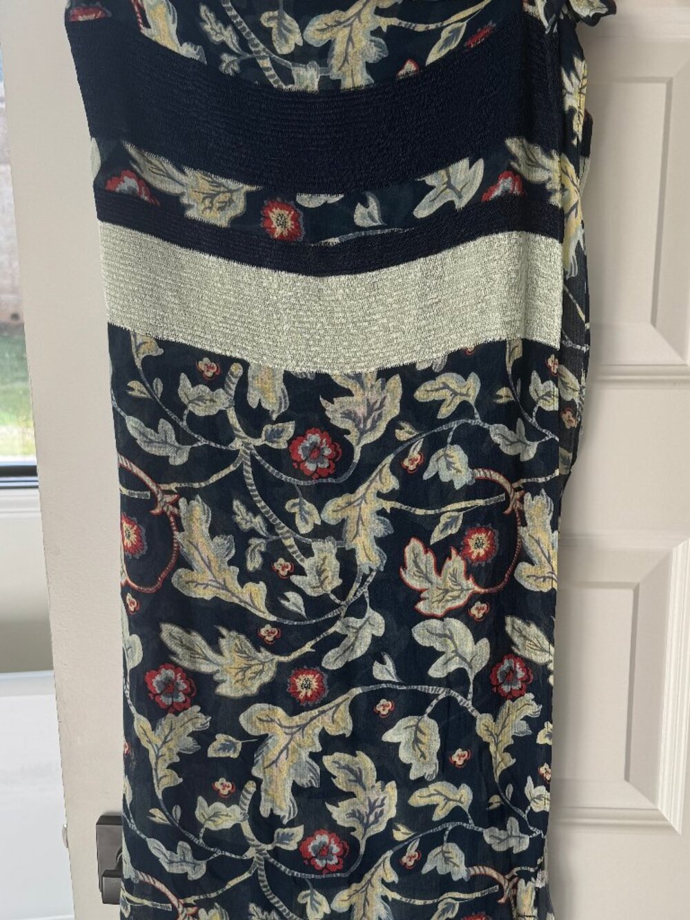 Anthropologie Navy Botanical Cotton Scarf Wrap Gingham Border OB483259